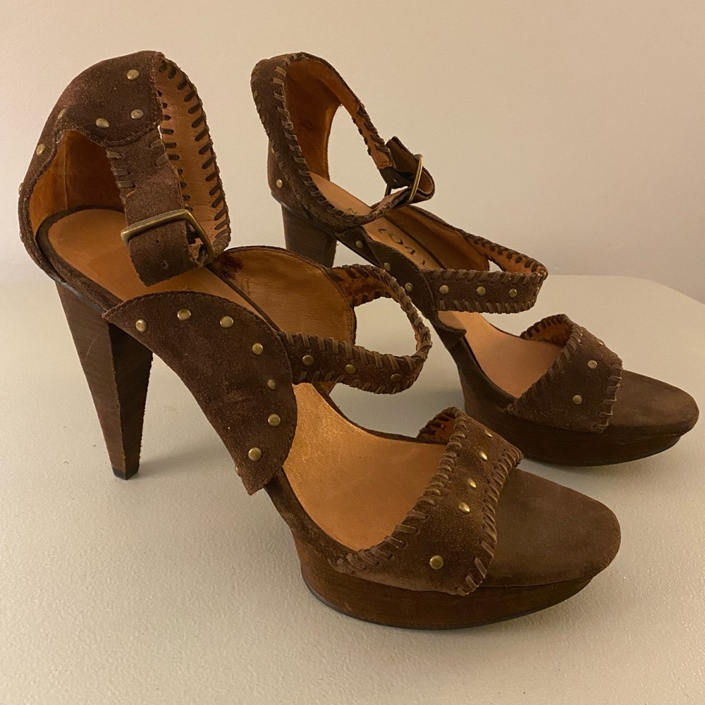 No 704b.Veronica Brown Suede Stacked Whipstitch Stilettos ~ 41